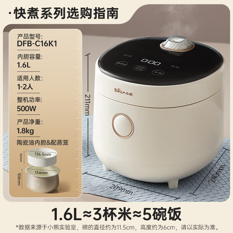 小熊电饭煲DFB-C16K1小熊电饭煲额定容量1.6L额定功率500W产品重量2.3Kg包装尺寸292x257x253mm装箱数4台/箱