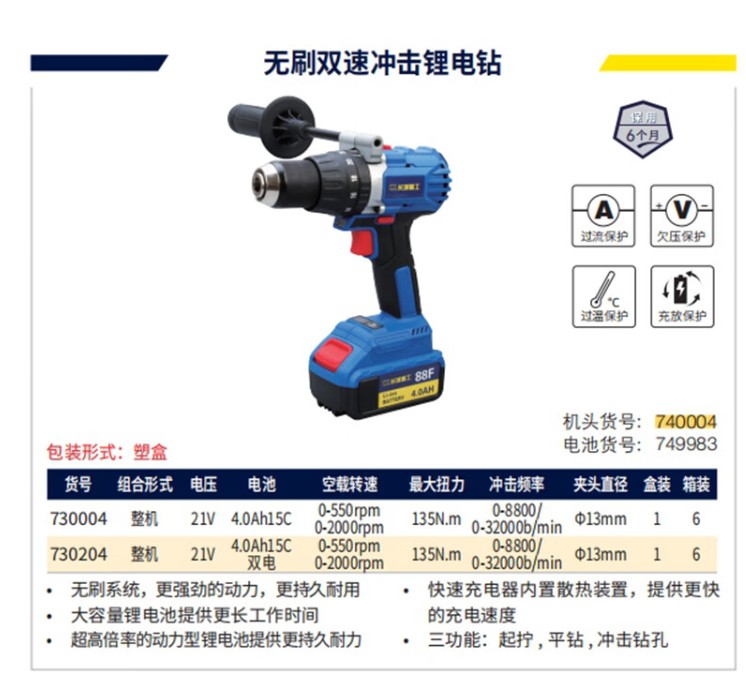 长城精工无刷双速冲击锂电钻（裸机）740004裸机不带电池可调高速运转电流无