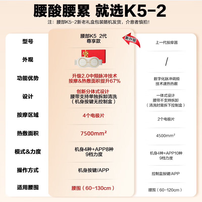 SKG按摩器K5系列2代腰部按摩器腰椎腰肌劳损按摩仪热敷暖宫隐形护腰带